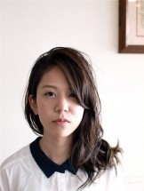 こちらは毛先の束感をしっかり出すためにムースとワックスでウェット仕上げにしています。<br>カットは左右対称ですがアレンジでアシンメトリーにする事でナチュラルな個性を出しています。<br>落ち着いたブルー系のカラーリングで、赤味が苦手な方にオススメです。<br>